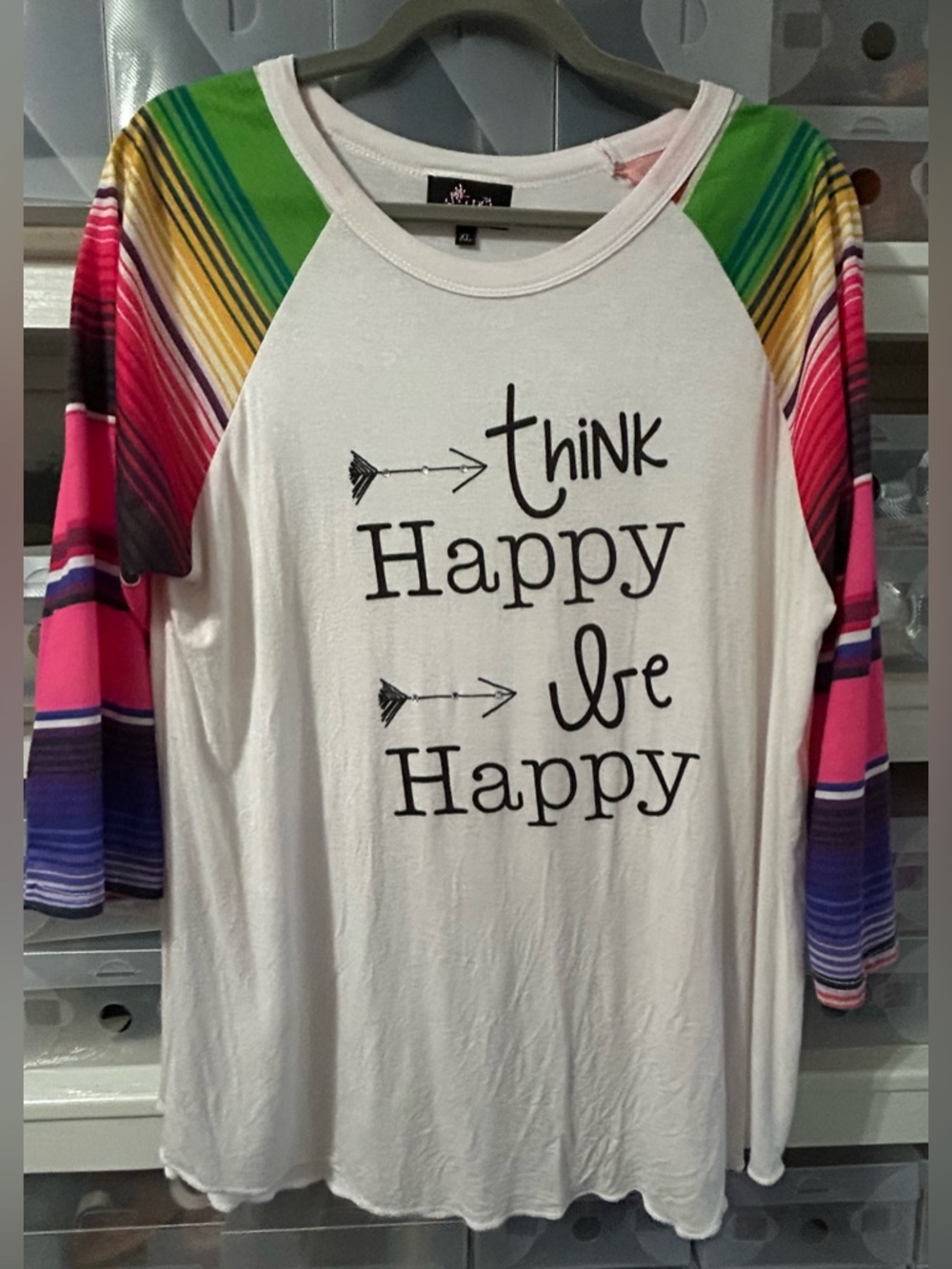 Think Happy Be Happy White Tee with Serape Stripe Sleeves